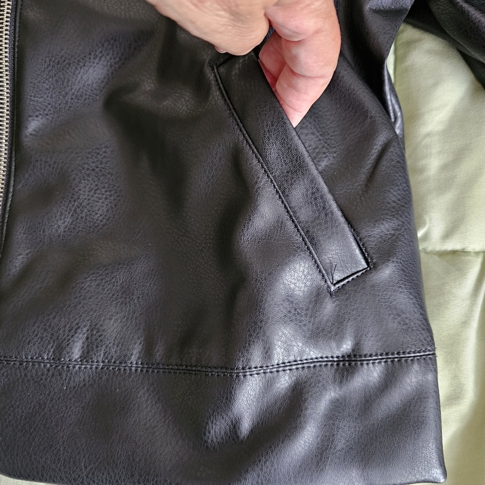 New Democracy Biker Jacket Size M Faux Leather Black Beige Zip Front Moto NWT - Picture 9 of 16